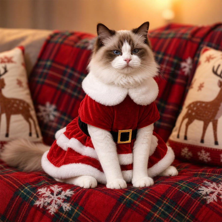 Gato vestido de Papá Noel con vestido rojo SantaPaw en un sofá navideño