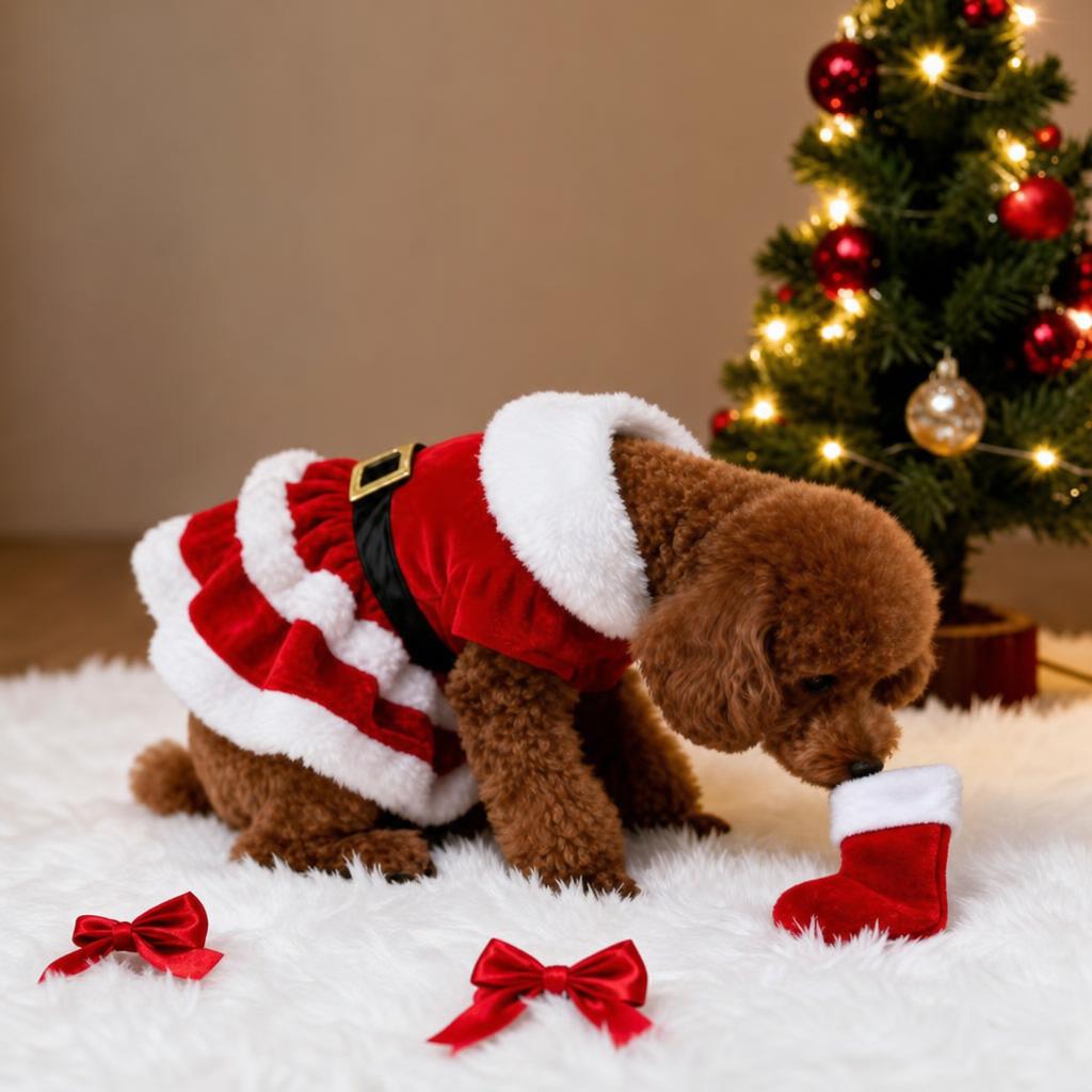 Caniche con el vestido SantaPaw junto al árbol de Navidad